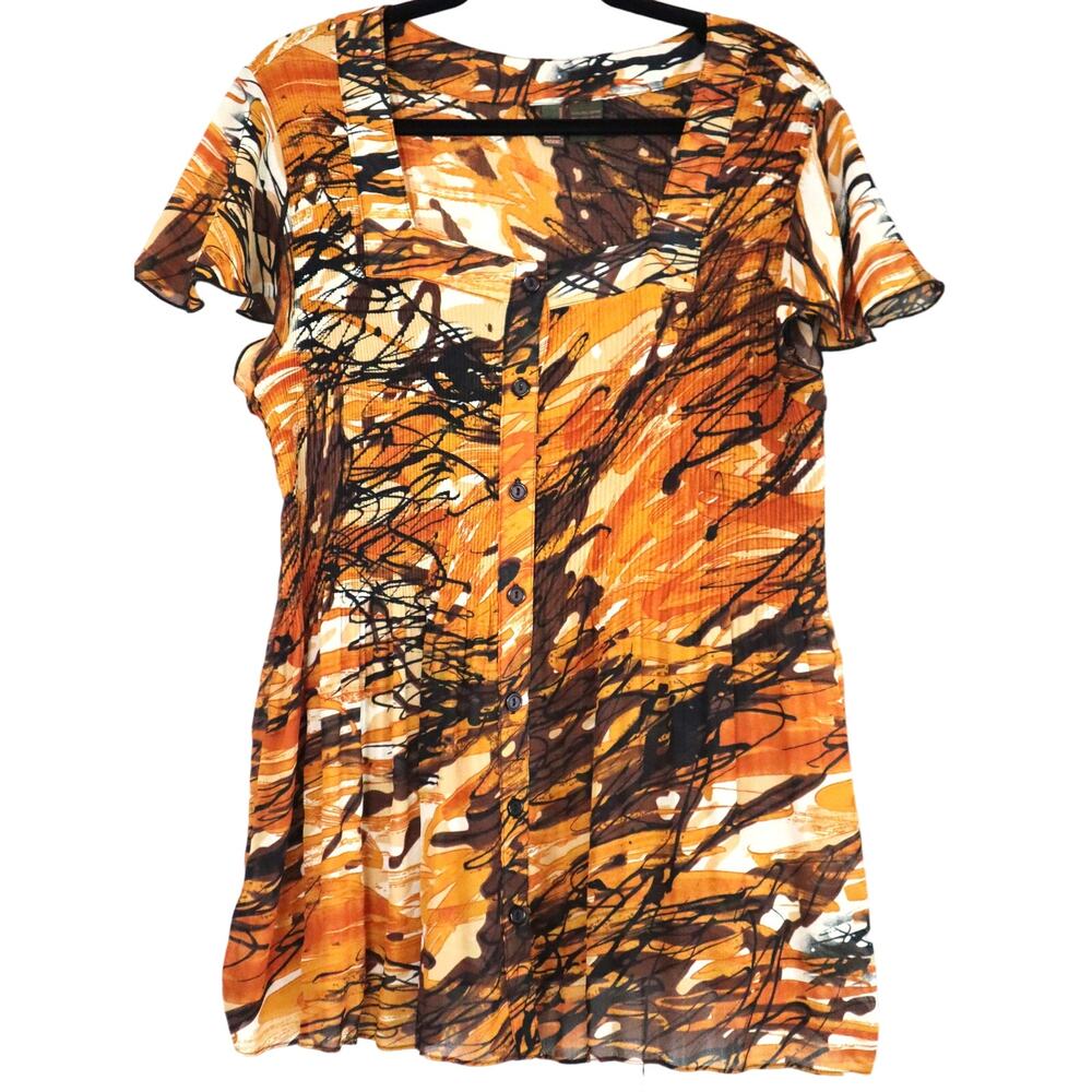 Vintage Y2K Serenade New York Accordion Pleat Blouse Short Sleeve Orange 2X